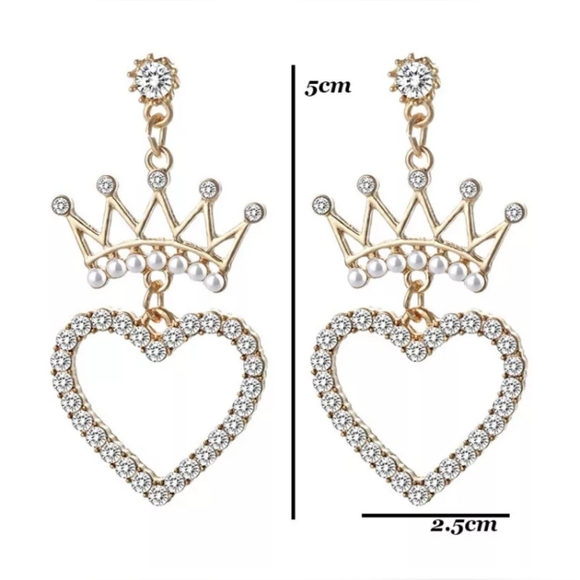 Betsey Johnson Gold crystal pearl crown heart earings with silver post - Picture 2 of 16